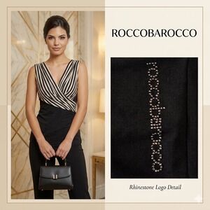 Roccobarocco Top Size 8 Black White Striped Wrap V-Neck Rhinestone Logo Italy